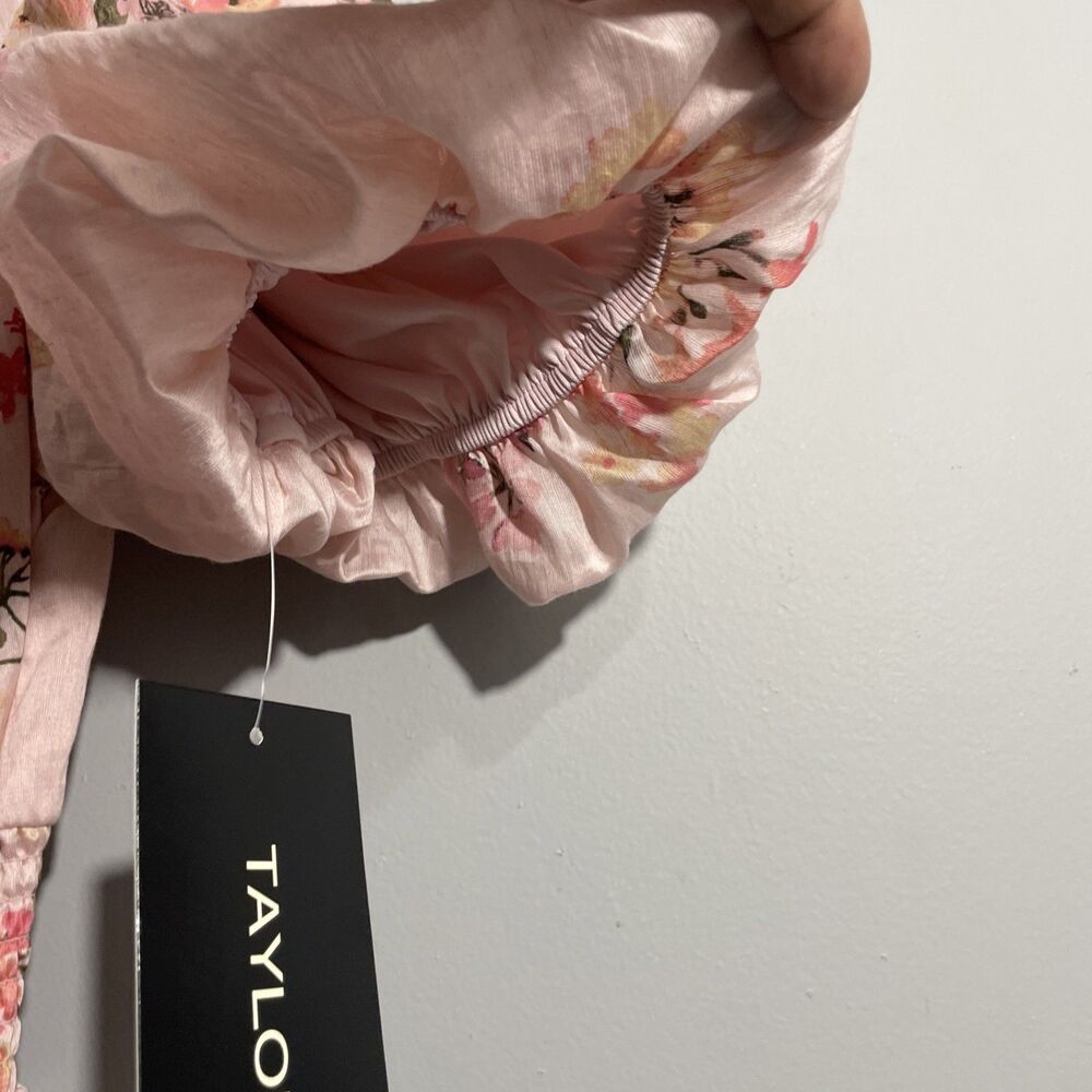Taylor Pink Floral Puff Sleeve Dress Womens Size 14 V Neck Pockets Lined NWT - Picture 11 of 15
